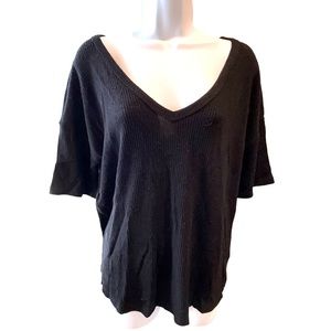 A New Day Short Sleeve Sweater Top Black Ribbed Stretchy Deep V-Neck Size Large